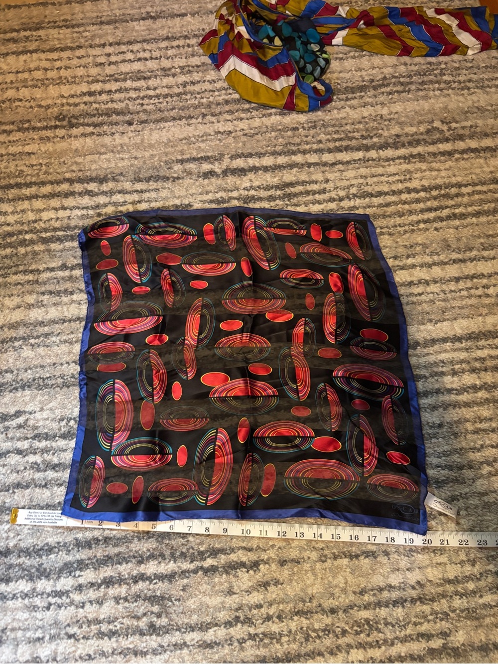Oscar de la Renta Black 100% Silk Scarf with Red and Multicolor Oval Motif